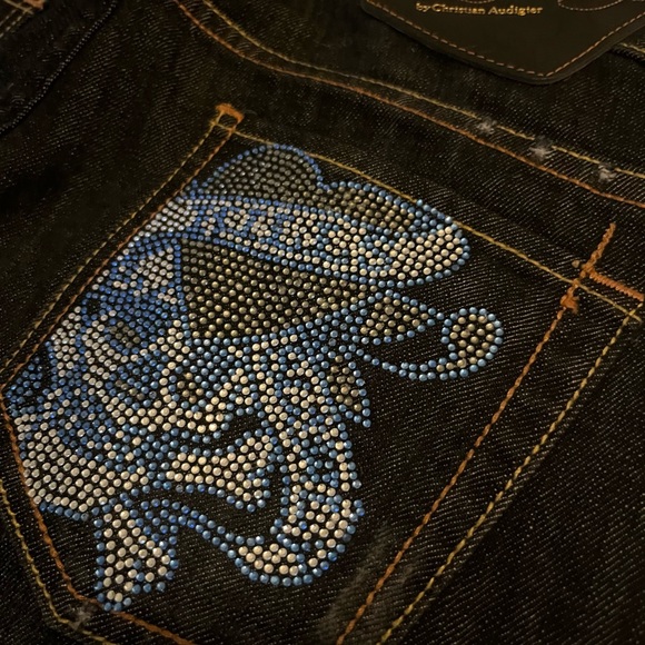 Ed Hardy Rare Crystal Encrusted Love Kills Slowly Skull Bootcut Jeans Sz. 29 NWT - Picture 6 of 14